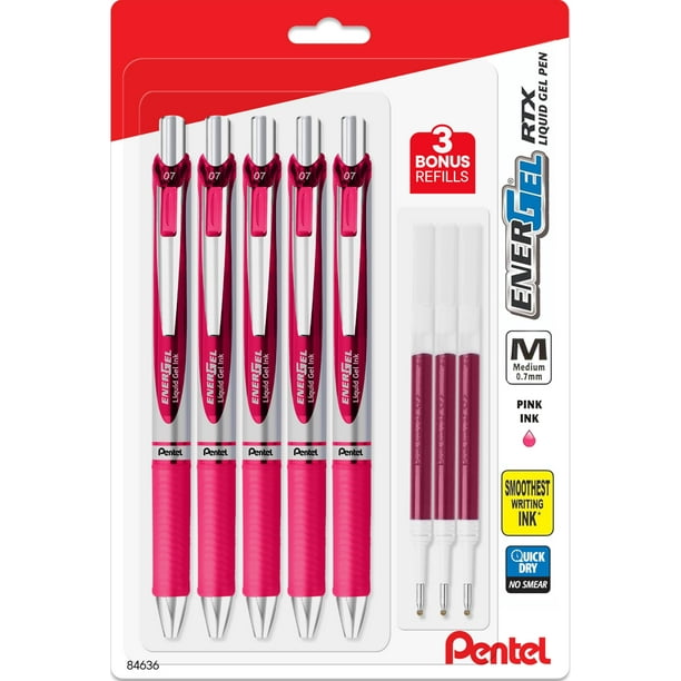 Bolígrafos de tinta de gel líquido Pentel Energel de 0,7 mm, 5 unidades, color rosa