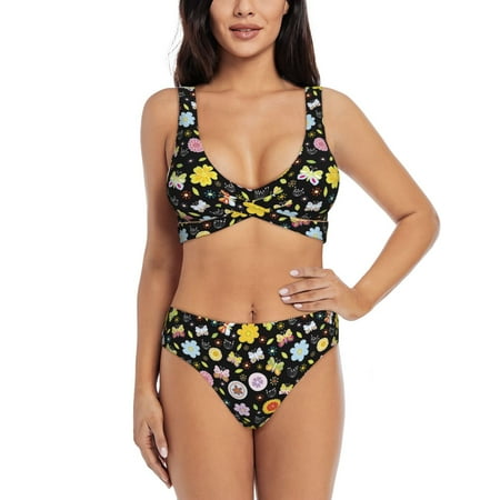 Zeuib Flower Butterfly High Waisted Tummy Control Bikini Set - Knot Front Push Up Top & Cheeky Thong Bottom  Two-Piece Swimsuit for Women-Large