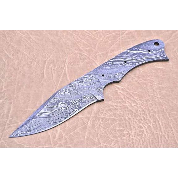 Knife Making, Damascus Steel Blank Blade 8.25 inches Long Hand Forged Skinning Knife with 3 Pin Hole & an Inserting Hole Space 4 inches Cutting Edge