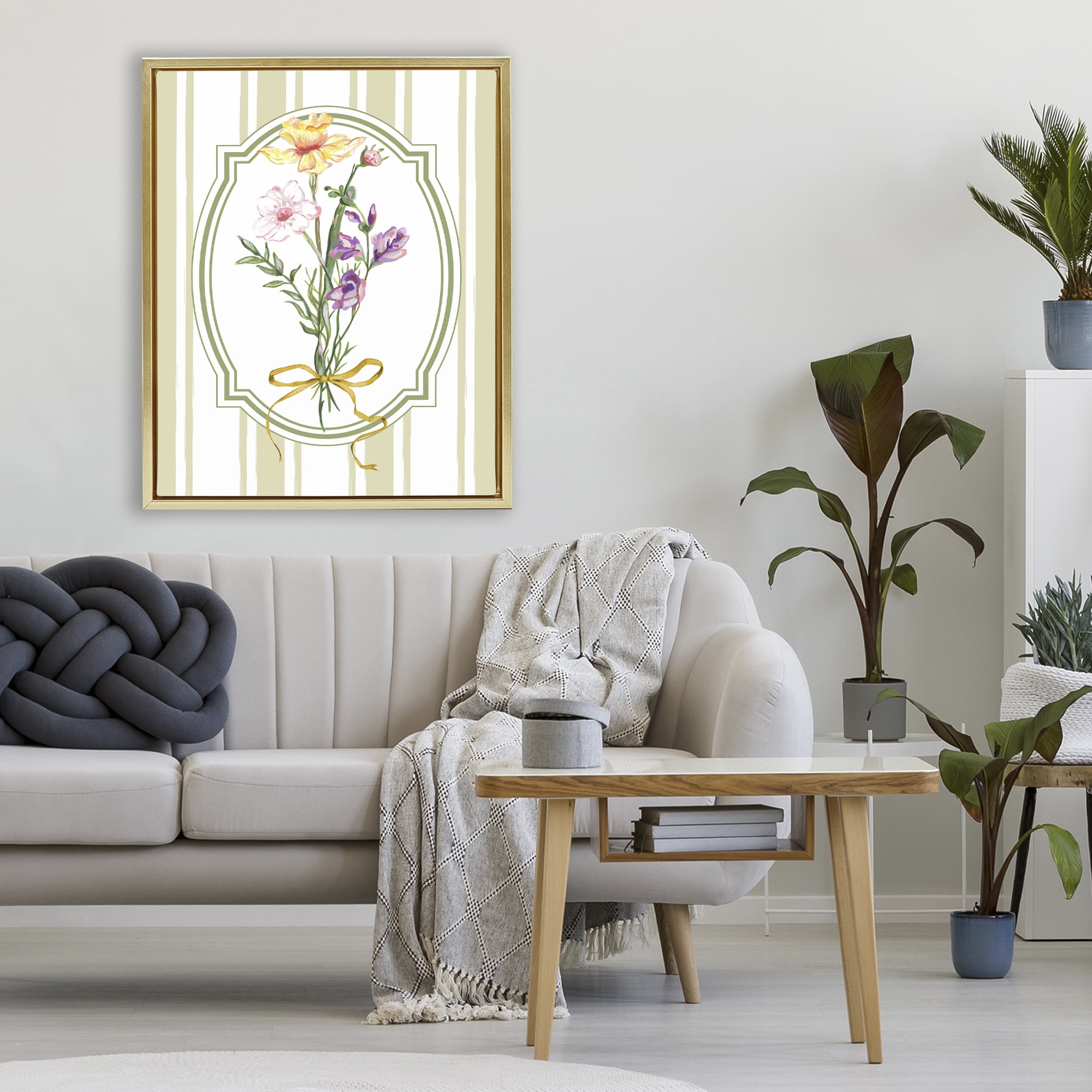 Vintage Wildflowers with Ribbon Gold Framed Floater Canvas Wall Art, design by Adonna Ebrahimi