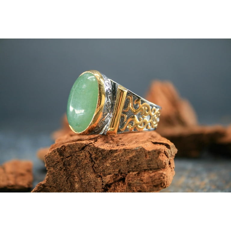 Men's 925 Sterling Silver Ring With Real Natural Jade - Antique Style, Handmade, Customizable (Size 7)