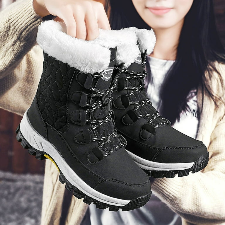 Fzm Snow Boots Flat Proof Warm Laceup Boots Women Water Keep Velvet Round Toe Shoes Plus Women's Boots, Size: 41, Black