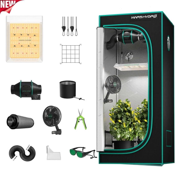 MARS HYDRO 2x2 Grow Tent Kit Complete System with 10 Speed Clip Fan,100W TS600 LED Full Spectrum Grow Light,24"x24"x55" 1680D High Reflective Mylar Grow Tent,4 inch 205 CFM Smart Ventilation System