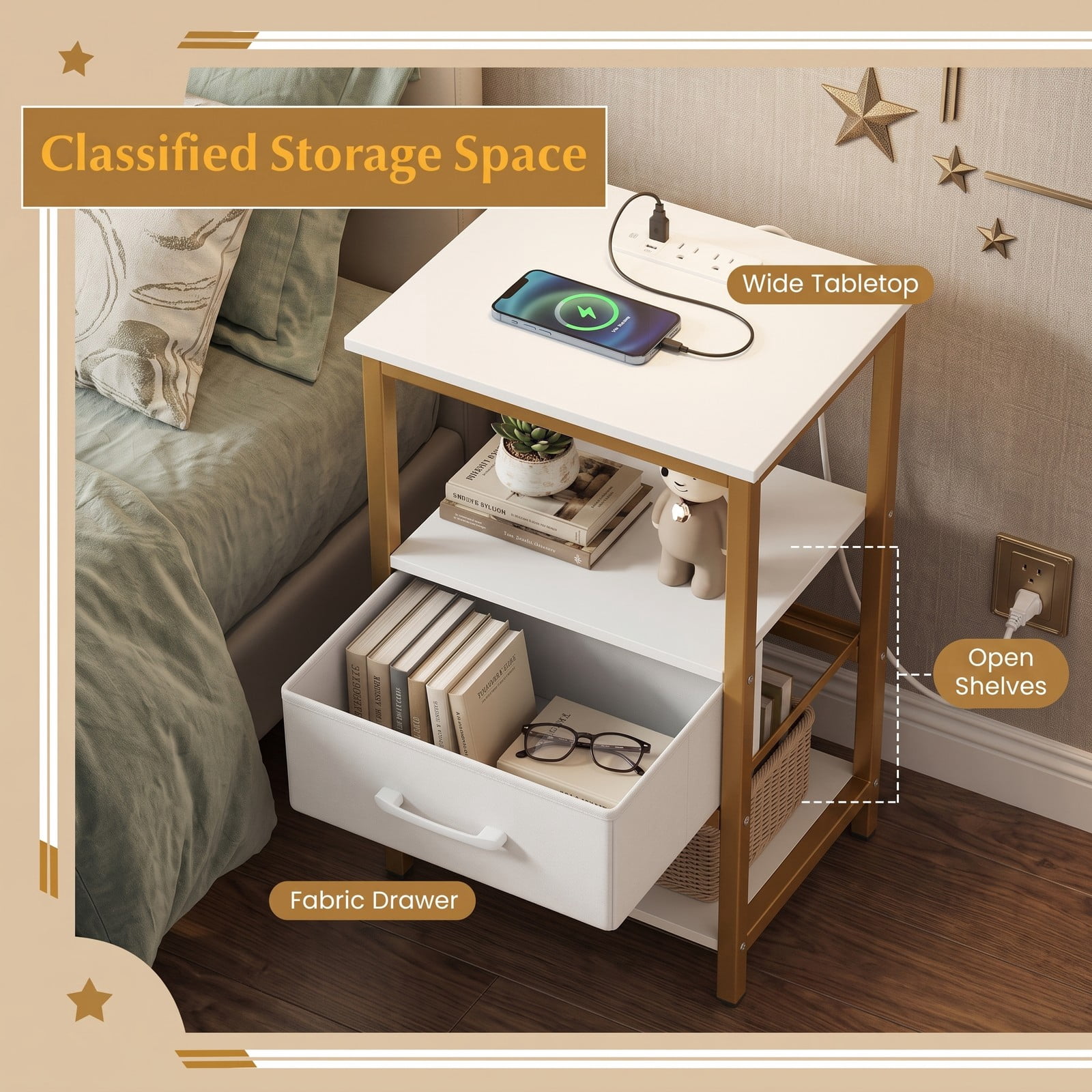 Furnibear Nightstand Set of 2 with Charging Station and Foldable Fabric Drawer and Open Shelves for Bedroom and Living Room, White and Gold