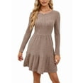 thumbnail image 3 of Womens Long Sleeve Fall Short Dress Casual Ribbed Knit Crewneck Flowy A Line Sweater Dresses with Pockets Brown L, 3 of 10