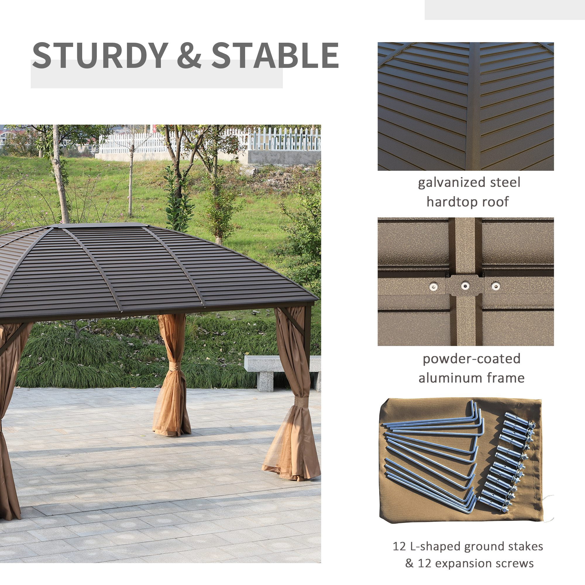 Outsunny 10' x 13' Hardtop Gazebo Canopy w/ Steel Roof, Sidewalls, Brown