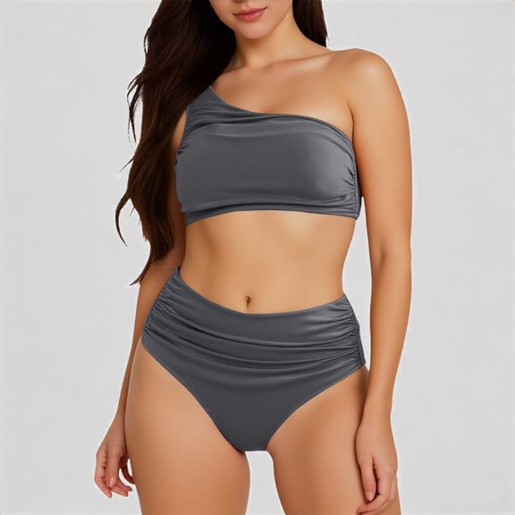 Daznico Women's Solid Color Pleated Bikini Set Belly Cinching Two Piece Swimsuit Shoulder Split Swimsuit,M