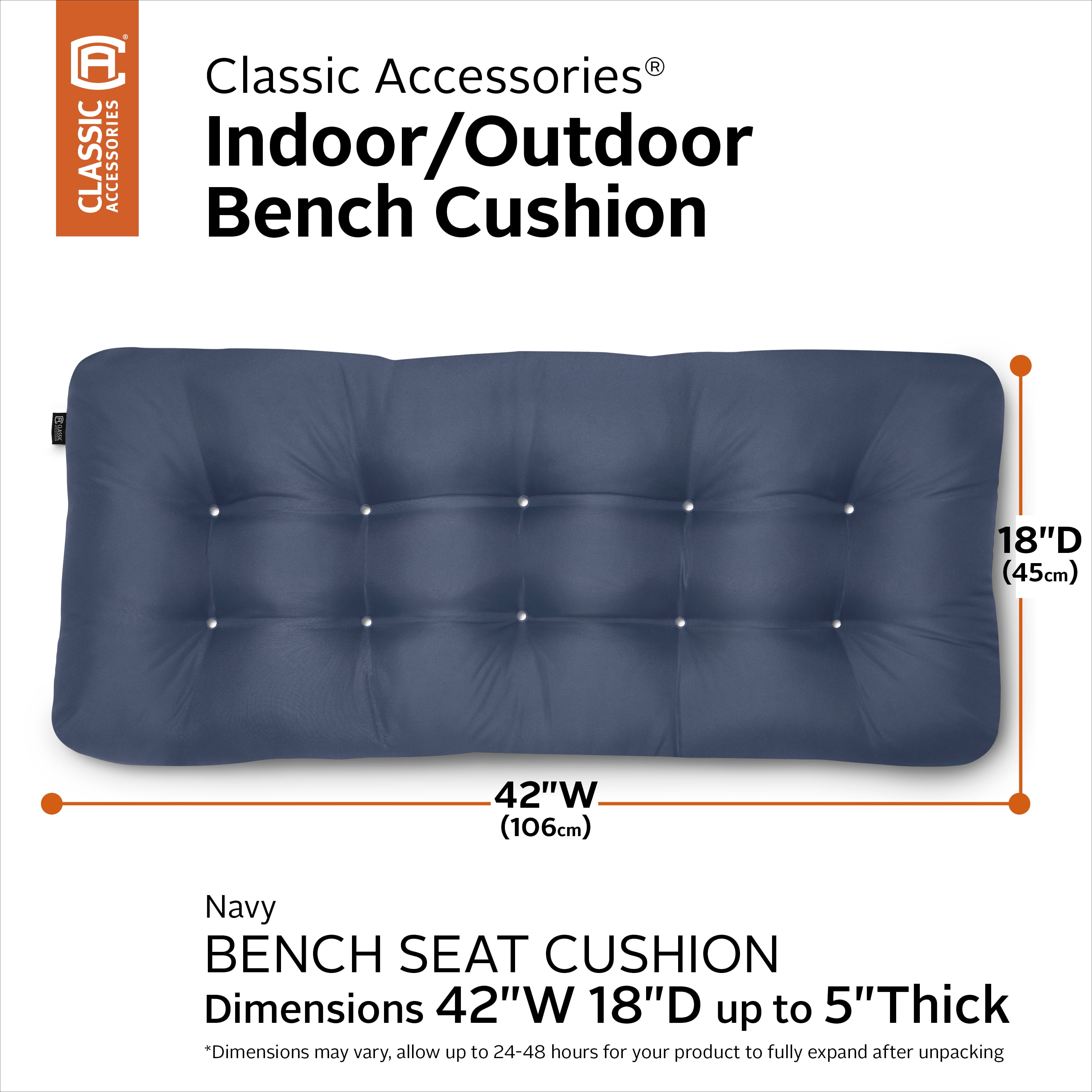 Classic Accessories 42 x 18 x 5 in. Thick Rectangular Indoor & Outdoor Bench Cushion, Navy