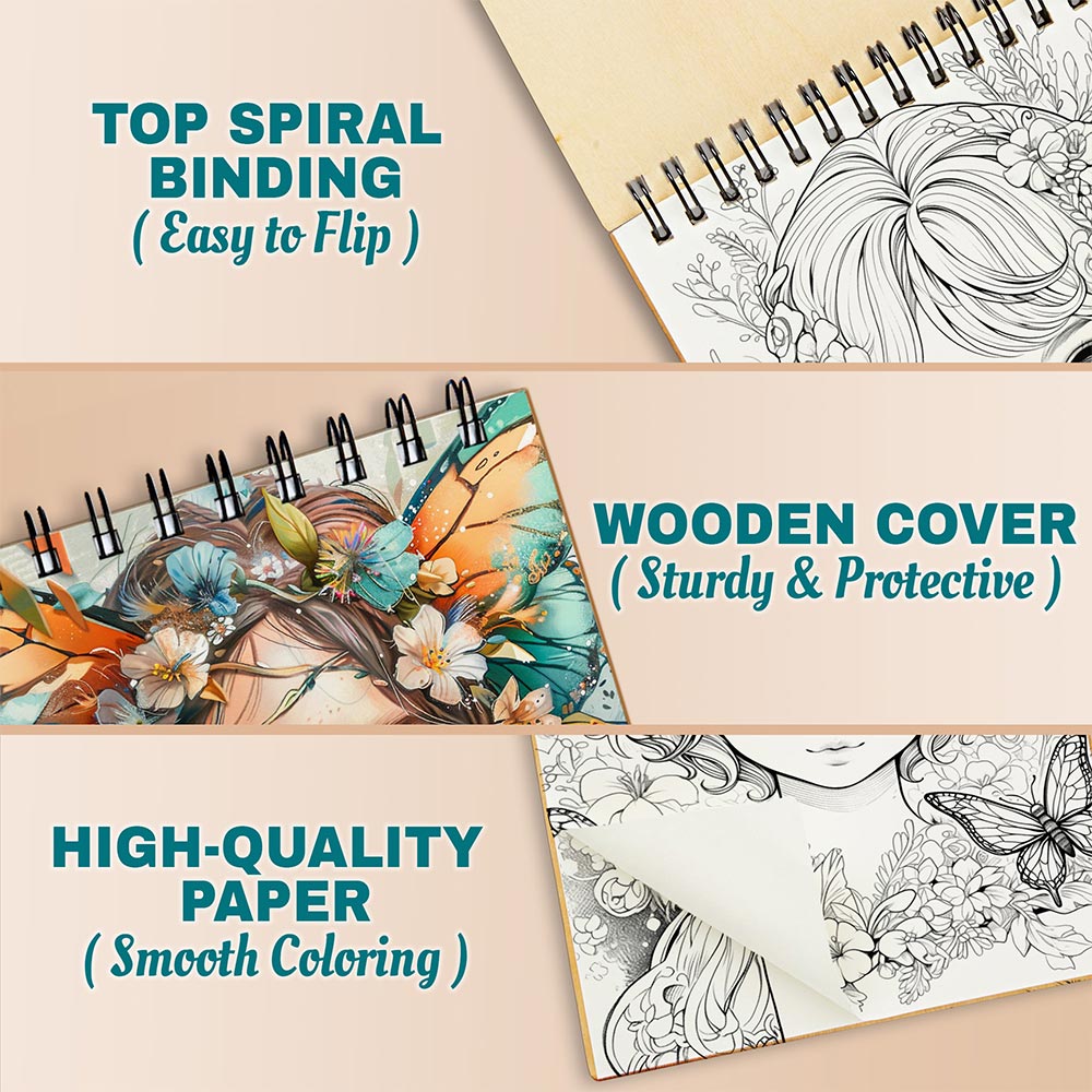 Netecom Forest Fairies Coloring Book Spiral Bound For Adults, A5 Wooden Cover, 30 Enchanting Coloring Pages of Fairies Amidst Magical Forests and Blossoms for Relaxation and Stress Relief