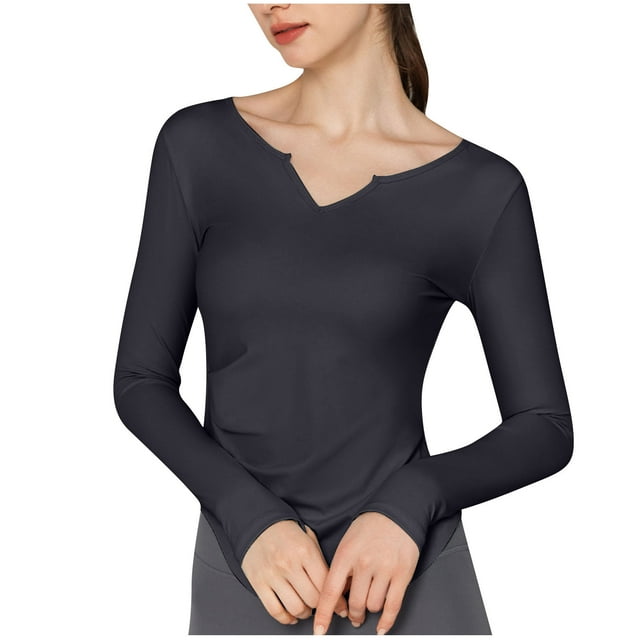 Timegard Workout Tops for Women Quick Dry V Neck Long Sleeve Tops Athletic Gym Yoga Tee Shirts Fall