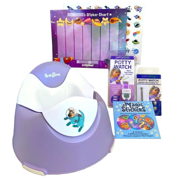 Potty Time Party Pack - Includes Potty Watch, Potty Training Seat, Easy to Peel Magic Color Reveal Stickers Reward Chart & Replacement Battery for Kids - (Space/Purple)