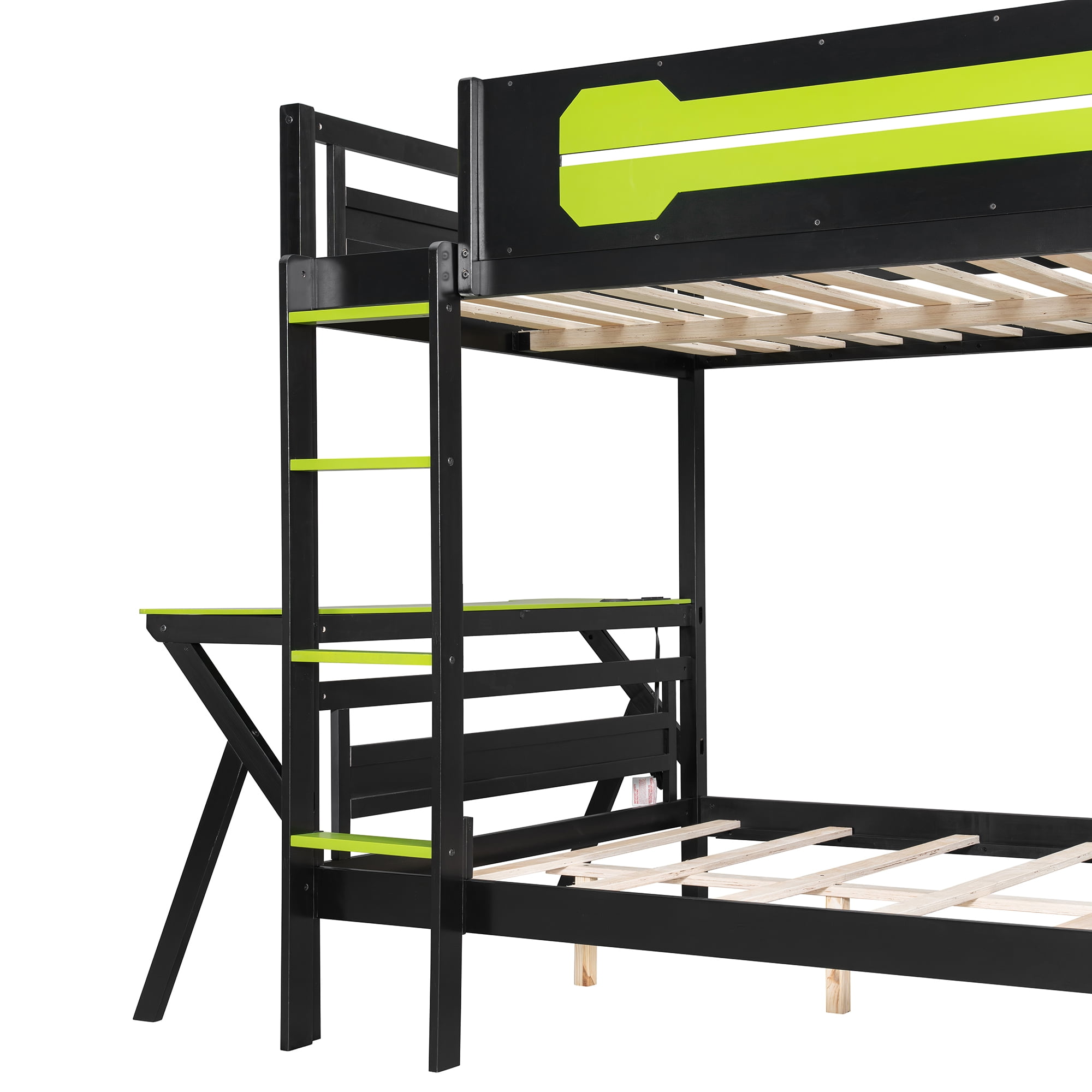Aukfa Full over Full Bunk Bed with Built-In Desks, USB Charging Ports & Pegboard Organizer, Wood E-Sports Gaming Bed Frame for Kids/Teens, Green