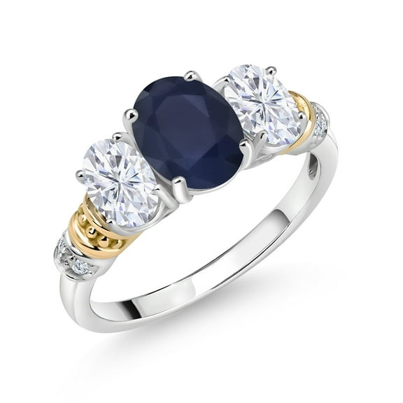 Gem Stone King 925 Sterling Silver and 10K Yellow Gold Oval Blue Sapphire White Moissanite and White Diamond 3 Stone Ring for Women (2.83 Cttw, Gemstone September Birthstone, Size 6)