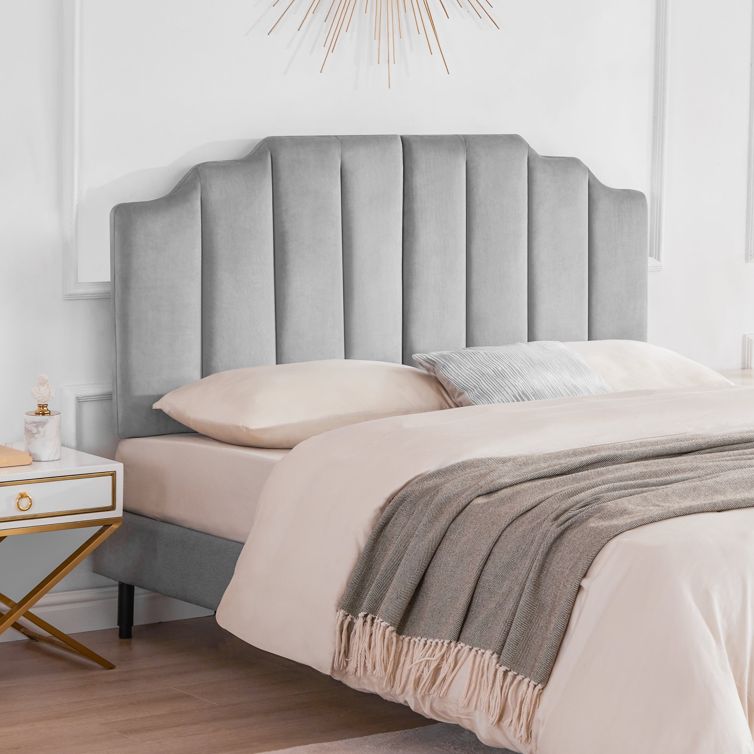 Weture Velvet Upholstered Queen Sleigh Headboard, LightGray