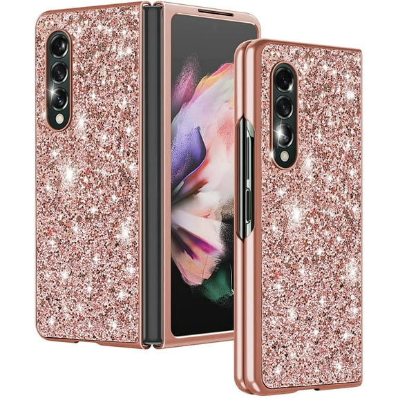 Dteck Samsung Galaxy Z Fold 3 Case, Ultra-Thin Sparkling Bling Glitter PC Hard Phone Case Protective Cover for Samsung Galaxy Z Fold 3 5G, Rosegold