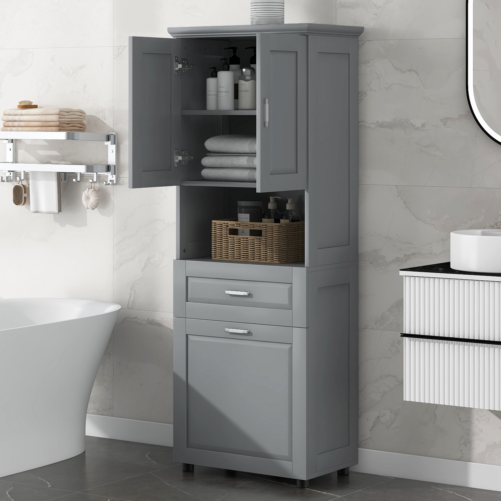 Leumius 70" Tall Bathroom Storage Cabinet with Drawer & Laundry Basket，Modern Freestanding Tilt-Out Laundry Hamper and Upper Storage Cabinet,Grey
