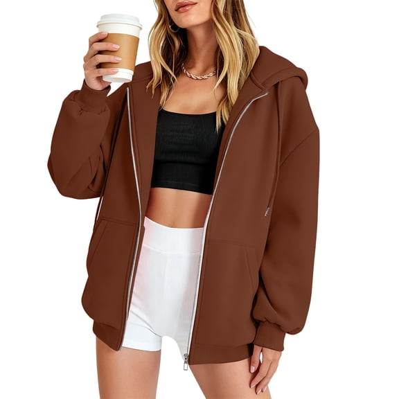 Nestiefly Womens Zip Up Hoodies 2026 Oversized Casual Long Sleeve Zipper Sweatshirts Fall Winter Comfy Fashion Jackets with Pockets Coffee XL