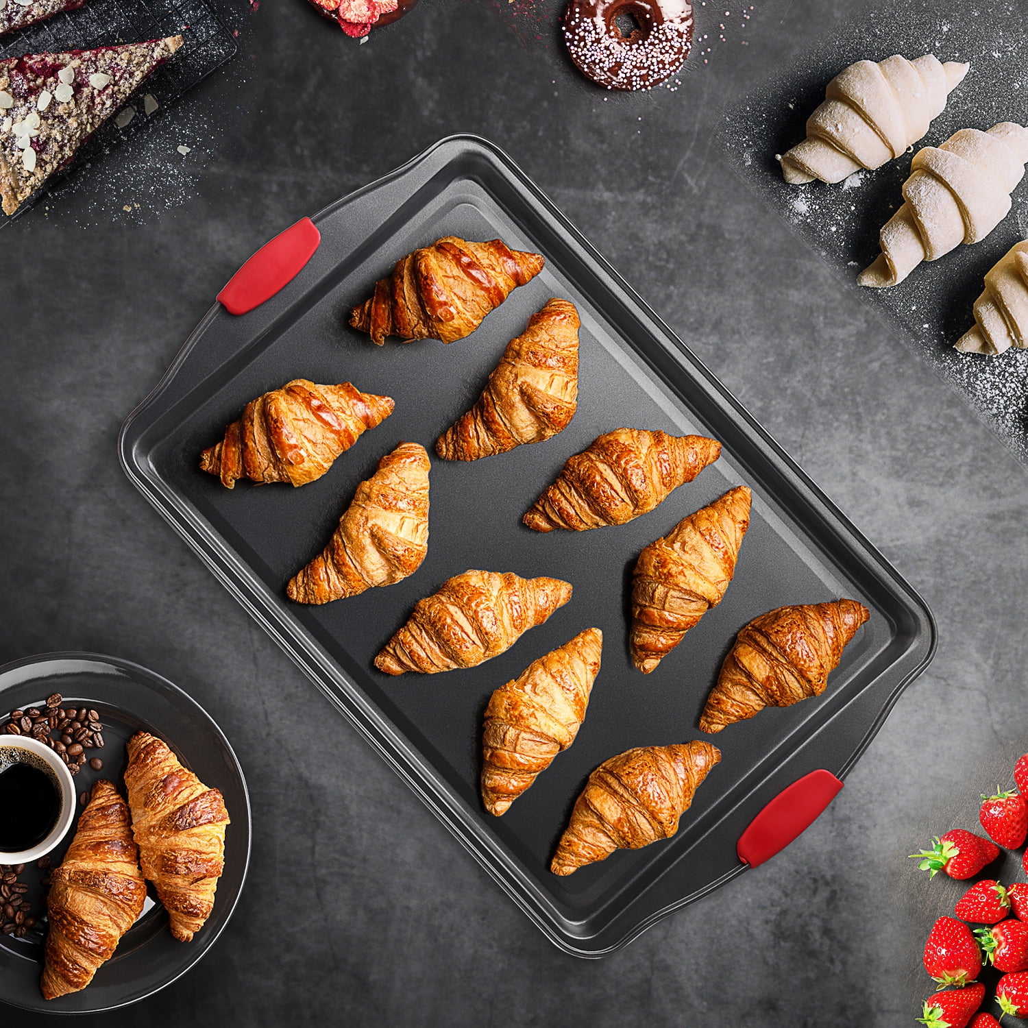 LammaLoe Baking Pans Carbon Steel, Non Stick Cookie Sheet Set with Silicone Handle, Baking Sheet, Small & Medium, Black