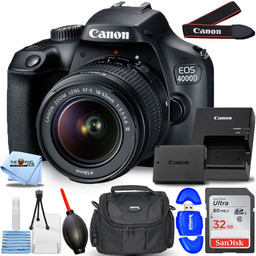 magnifiek Slaapzaal ouder Pixel Hub Canon EOS 4000D / Rebel T100 with EF-S 18-55mm III Lens -  Essential Bundle Includes: Sandisk Ultra 32GB SD, Memory Card Reader,  Gadget Bag, Blower, Microfiber Cloth and Cleaning Kit -