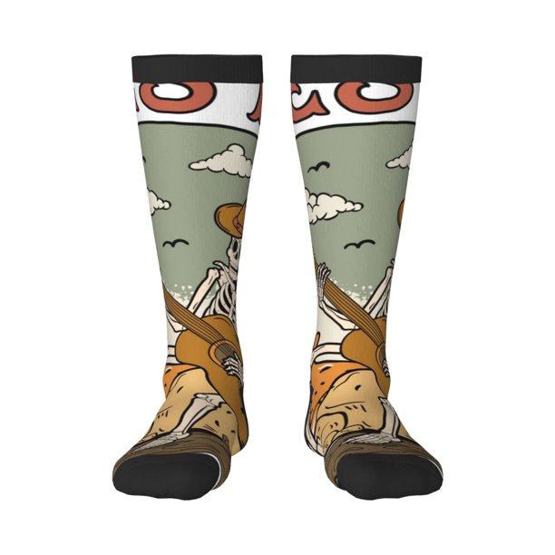 Fotbe Skeleton Cowboy And Guitar Calcetas Divertidas Estampadas para Hombre y Mujer, Calcetas de Algodón hasta la Rodilla para Caminar, Correr, Enfermería y Embarazo