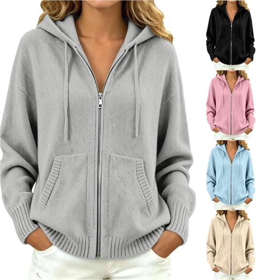 Xijirk Women Solid Zip Up Hooded Knit Sweater Long Sleeve Drawstring Pocket Loose Casual Cardigan Grey,S