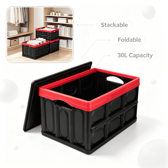 Collapsible Storage Bin with Lid 30L, Stackable Heavy Duty Plastic Folding Crate, Space Saving Organizer for Closet, Nursery, Office & Car Trunk