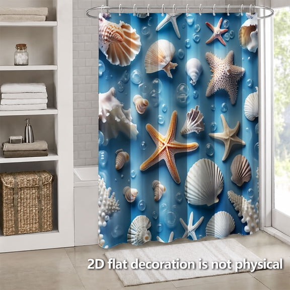 Hoease Blue Background Seashell Starfish Ocean Shower Curtain, 71W x 71L Inch Waterproof Fabric Bathroom Curtain with 12 Hooks, Beach Coastal Bath Decor