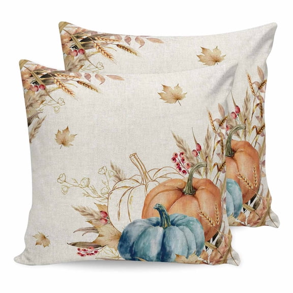 Pillow Covers 20x20 Set of 2, Orange Blue Pumpkin Fall Throw Pillow Covers Decorative Couch Cushion Cover, Thanksgiving Wheat Botanical Vintage Microfiber Soft Pillowcases for Bedroom Living Room