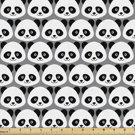Panda Upholstery Fabric by the Yard, Continuous Cartoon Coon Bear Bamboo Illustration in Monochrome Design, Decorative Fabric for DIY and Home Accents, 3 Yards, Grey Charcoal Grey White by Ambesonne