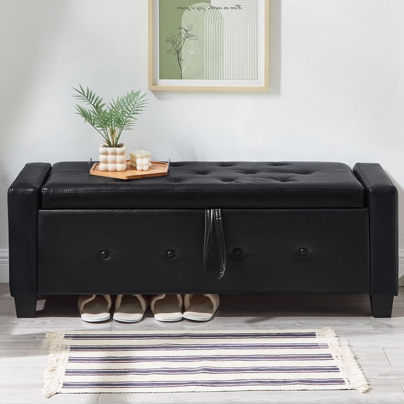 CQSXDA 48" Ottoman Bench Upholstered Faux Leather with Storage, for Hallway or Bedroom, Black