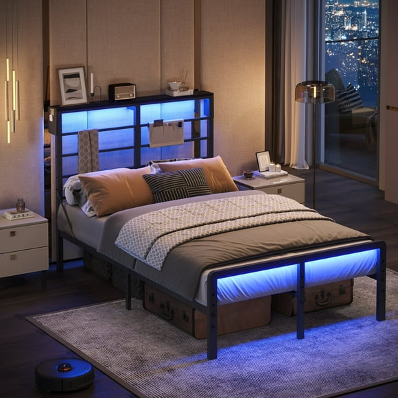 Bestier Full Size Bed Frame with Wooden Headboard, Metal Platform Bed Frame with LED Lights Charging Station Black