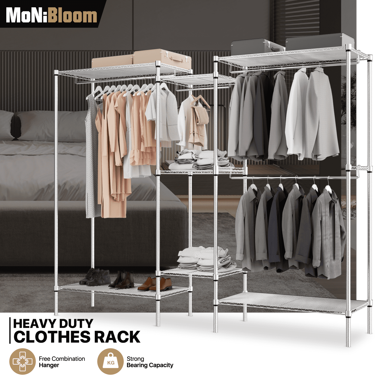 MoNiBloom Clothes Rack for Hanging Clothes Heavy Duty Clothing Rack Clothes Hanging Racks with Adjustable Shelves Garment Rack for Bedroom
