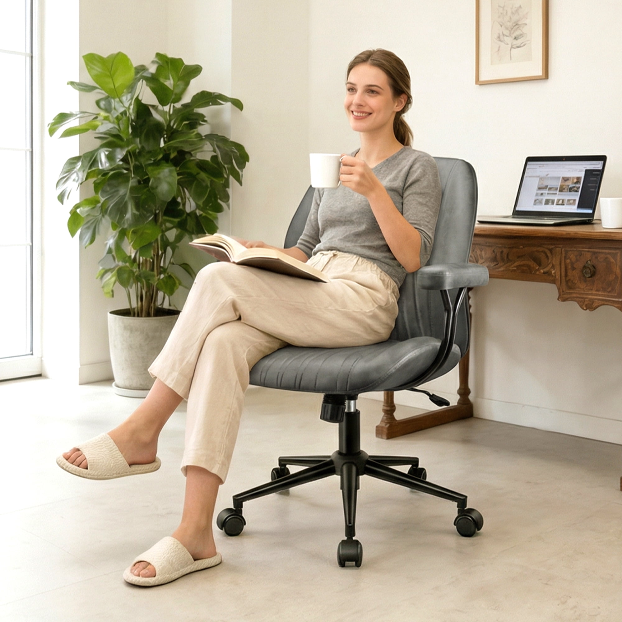 COOLHUT Home Office Chair, PU Leather Ergonomic Computer Desk Chair with Removable Armrests, Mid Century Modren Armrest Office Chair, Rocking Swivel Task Chair, Dark Gray