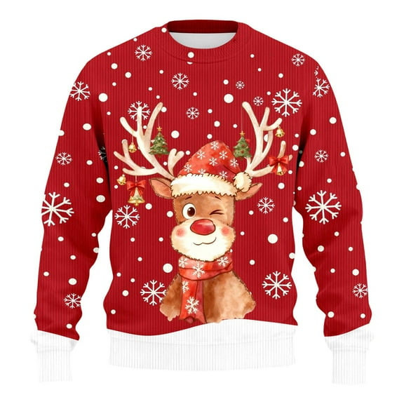 Men's Christmas Reindeer Snowman Penguin Santa and Snowflakes Sweater,Red,L