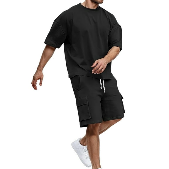 RUTAYY Men's Outfits 2 Piece Solid Color Round Sleeve Tee Shirt and Shorts with Pocket Sports Tracksuits Playful Vacation Clothing Sets