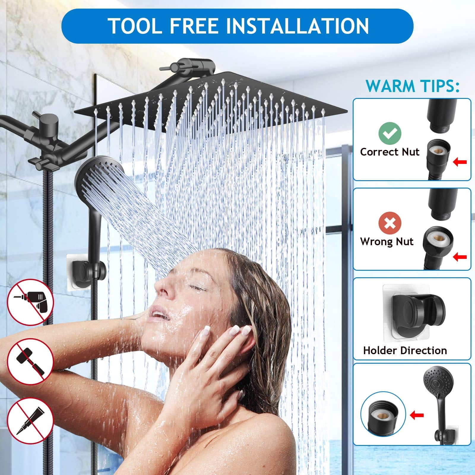 Black 10" Showerhead Set with Adjustable Extension Arm and 5-Setting Handheld Spray