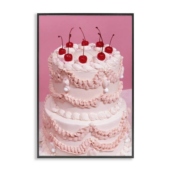Stupell Industries Pink Cherries Cake Food & Beverage Painting Black Framed Art Print Wall Art, 12 x 18