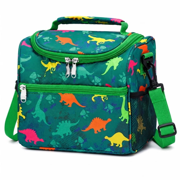 Insulated Lunch Bag, Dinosaur Lunch Box Cooler Bag, Reusable School Lunch Tote with Adjustable Strap and Bottle Pockets, Blue Green