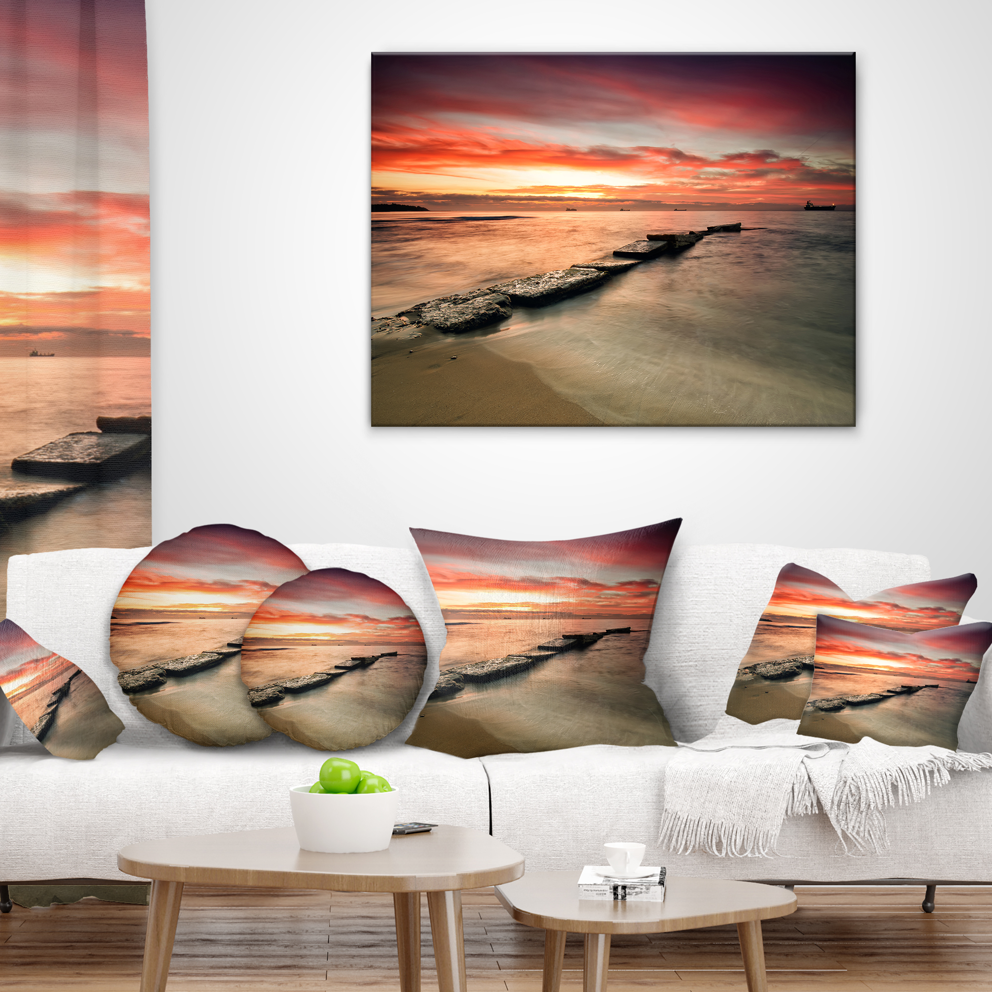 Designart Wonderful Sunrise on Black Ocean - Beach Photo Throw Pillow - 12x20