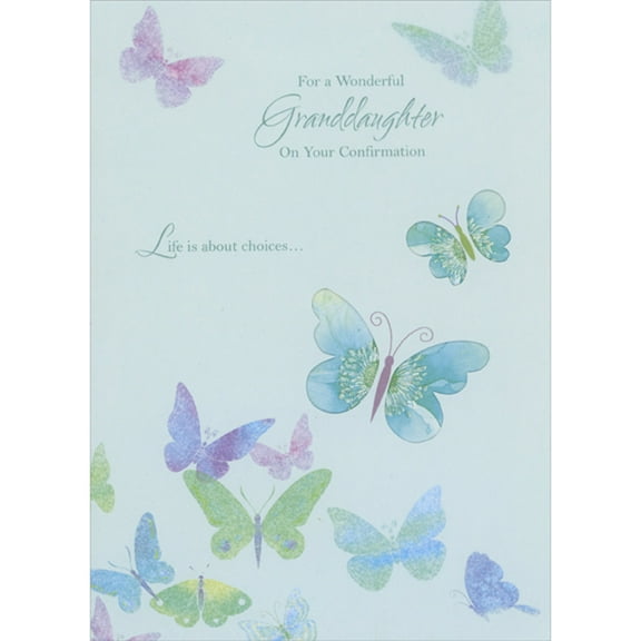 Designer Greetings Life is About Choices: Pastel Butterflies and Die Cut Butterfly Windows on Light Blue Confirmation Congratulations Card for Granddaughter