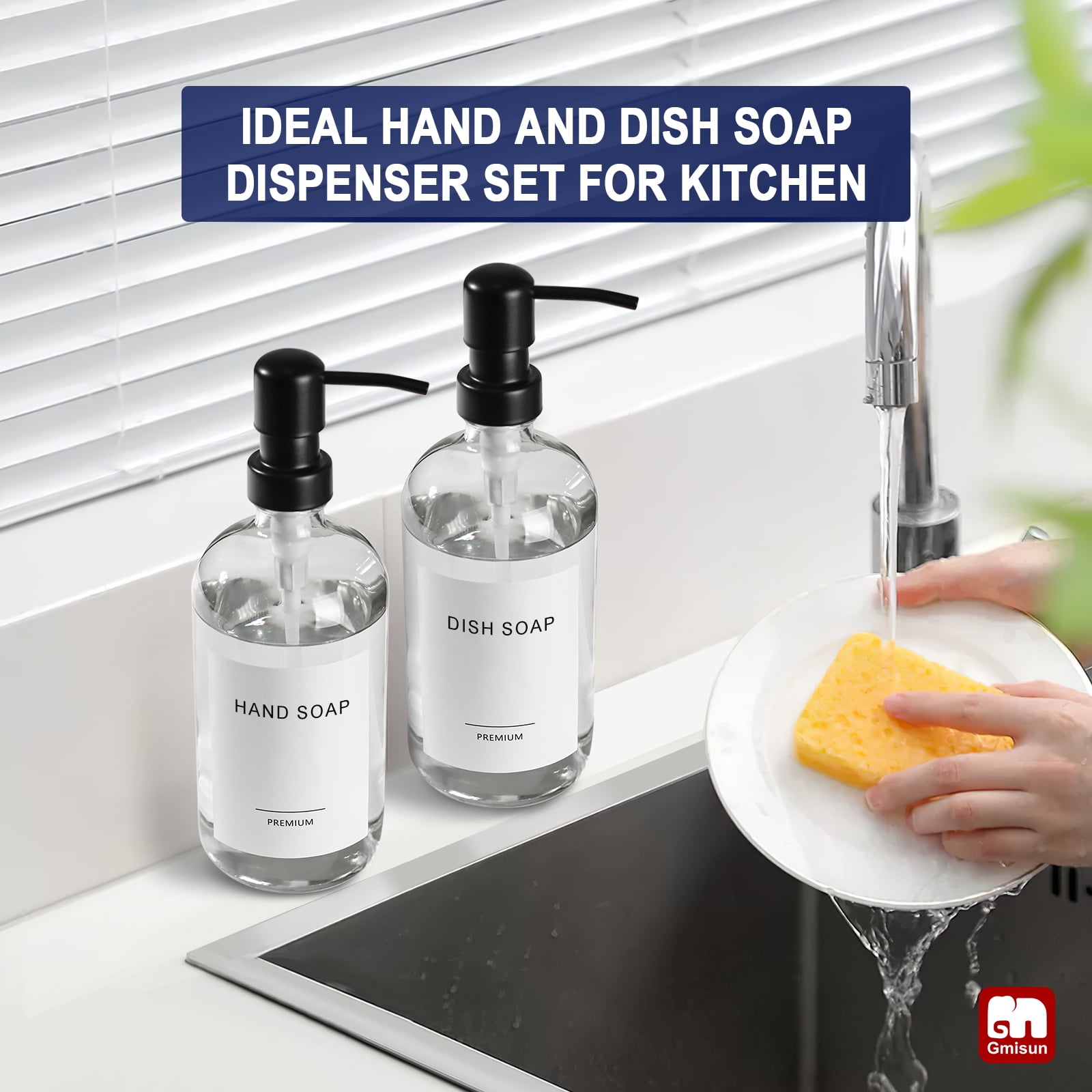 GM GMISUN Glass Soap Dispenser, Clear Hand and Dish Soap Dispenser Set with Labels - 2 Pack
