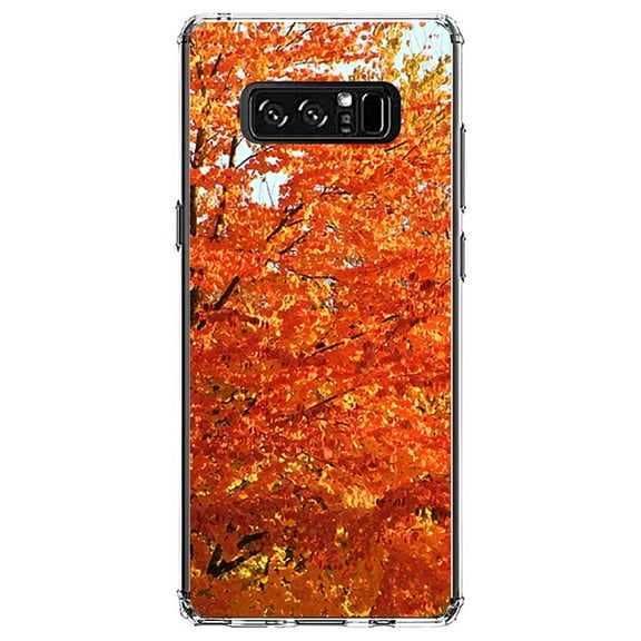 DistinctInk Clear Shockproof Hybrid Case for Samsung Galaxy Note 8 - TPU Bumper, Acrylic Back, Tempered Glass Screen Protector - Orange Autumn Leaves