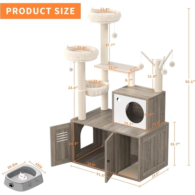 OUYAWEI Cat Tree with Litter Box Enclosure Wooden Condo Platform Hammock Pompoms Scratching Posts All-in-One Gray