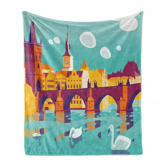 Prague Soft Flannel Fleece Throw Blanket, Colorful Arrangement with Charles Bridge Swans in River Cartoonish Graphic Design, Cozy Plush for Indoor and Outdoor Use, 60" x 80", Multicolor, by Ambesonne