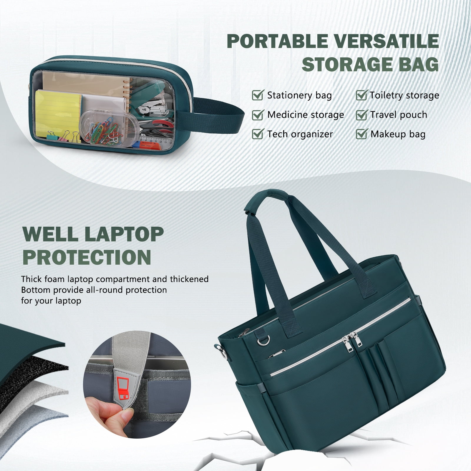 RAINSMORE Teacher Tote Bag for Women 15.6 Inch Laptop Briefcase with Clutch Bag, Nurse Bags Professional Work Handbag for Office College Nursing, Large Utility Tote Messenger Shoulder Bag,Dark Green