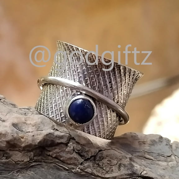 Lapis Lazuli Silver Spinner Ring, 925 Sterling Silver Lapis Round Stone Spin Ring, Silver Designer Hand Carved Spinner Ring Gift For Her