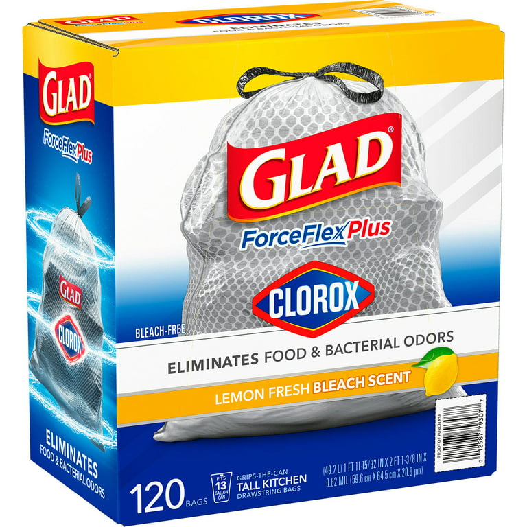 Glad ForceFlex Plus 13 gal. Lemon Fresh Bleach Scent Grey Kitchen Drawstring Trash Bags with Clorox (45-Count, 3-Pack))