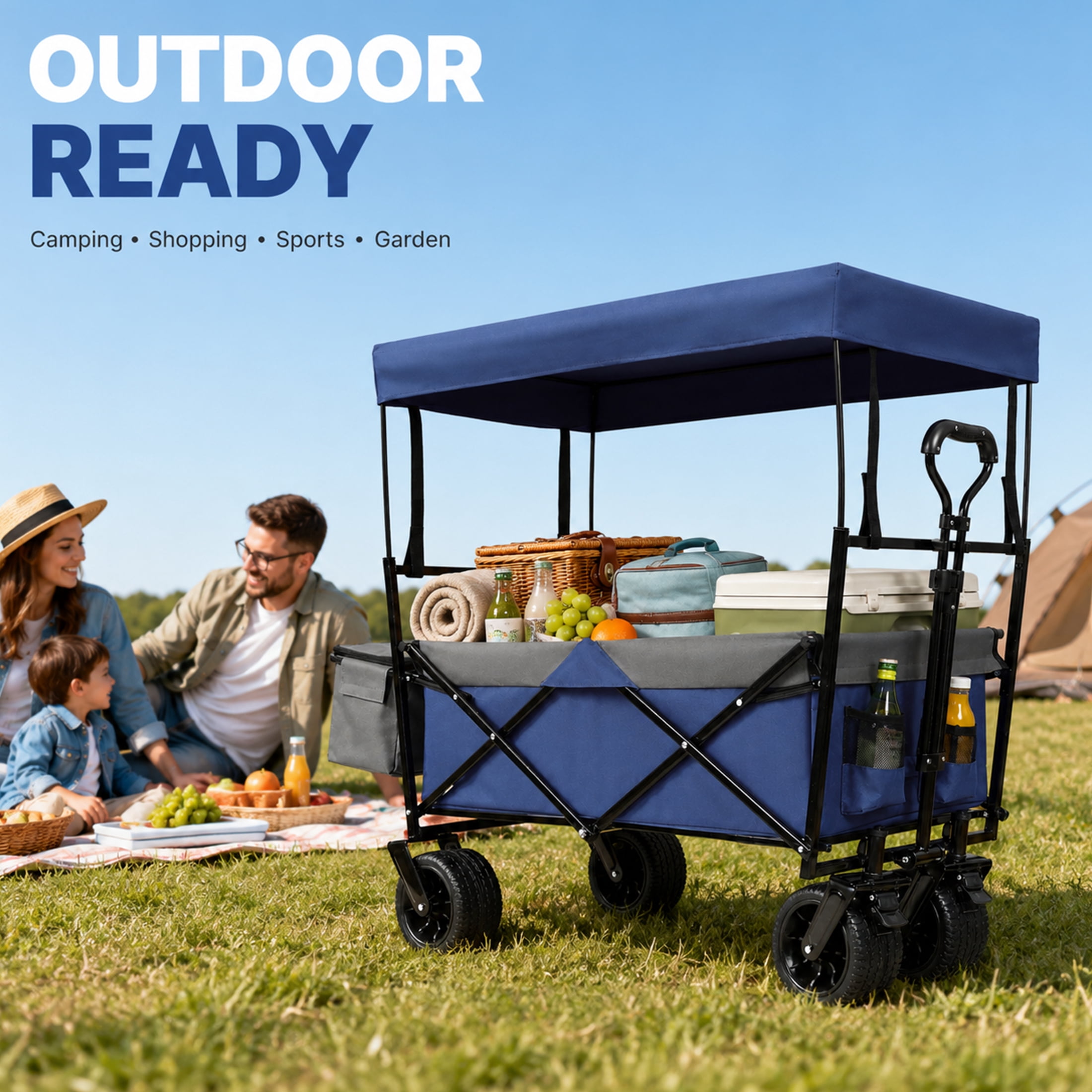 480 lbs Collapsible Wagon with Canopy & Mosquito Net, Heavy Duty Folding Wagon Stroller with 7"x4" All-Terrain Wheels, Cup Holders for Camping, Shopping, Dark Blue