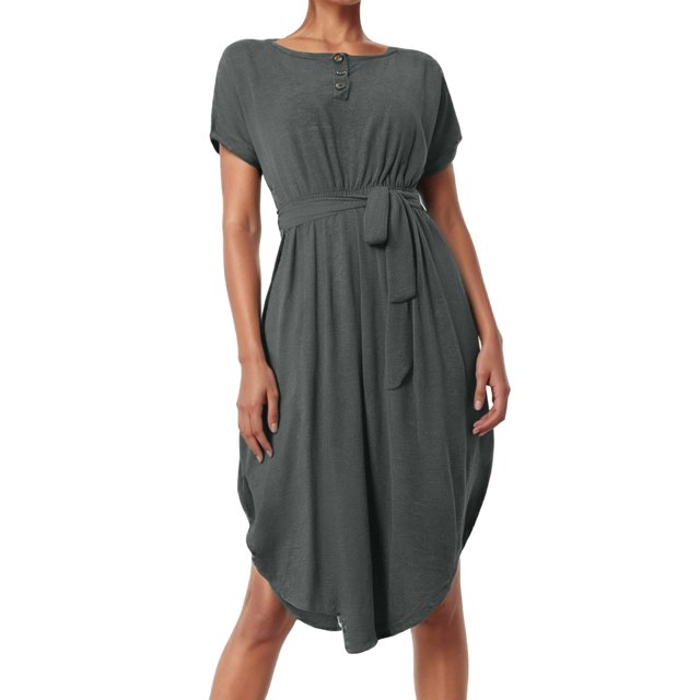 Vestido midi con cinturón y botones para mujer: estilo informal y fluido, tejido ligero, cinturón ajustable, apto para tres estaciones