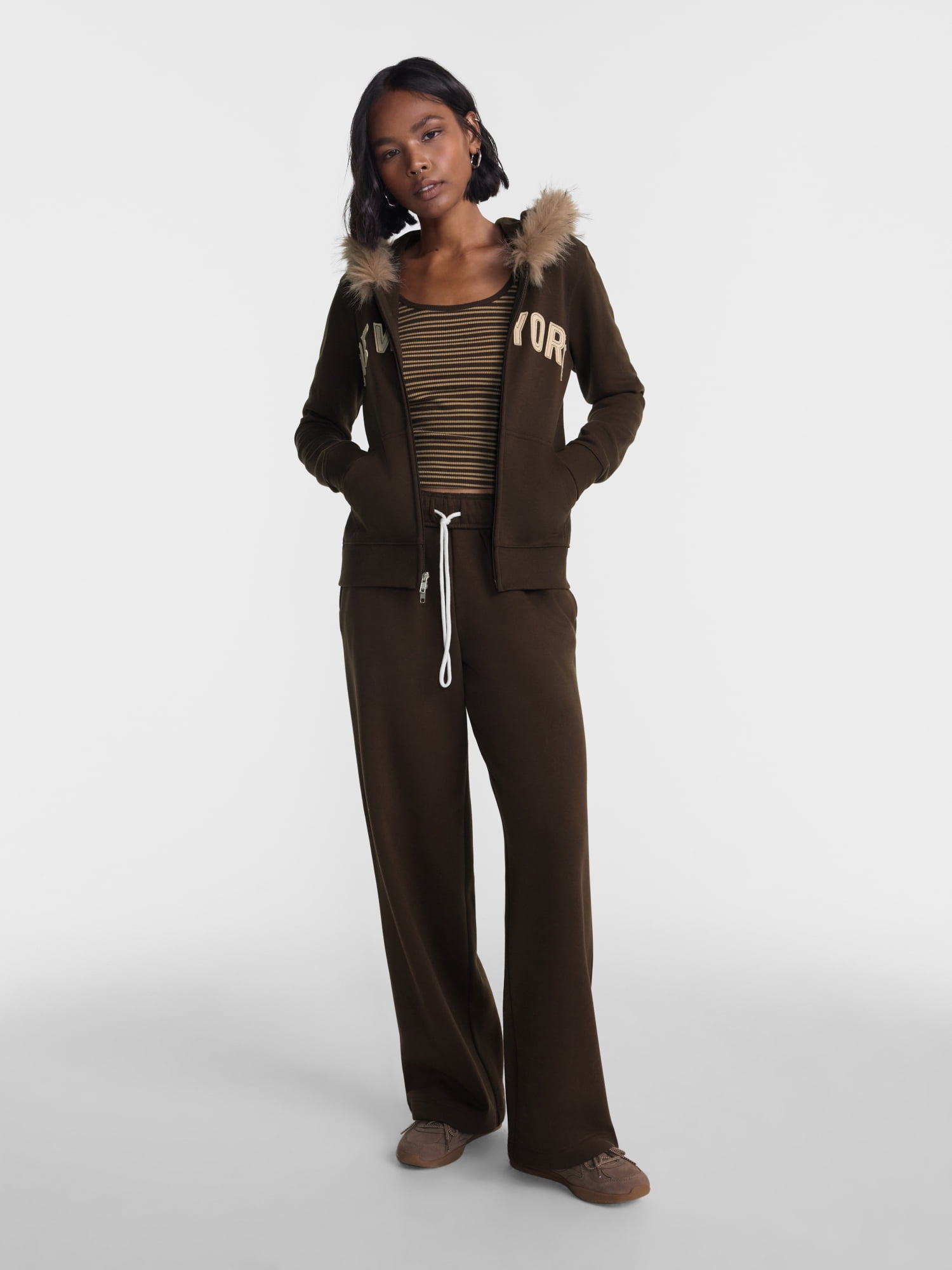 No Boundaries Zip Up Hoodie with Faux Fur Trim, Women’s XXS-XXL